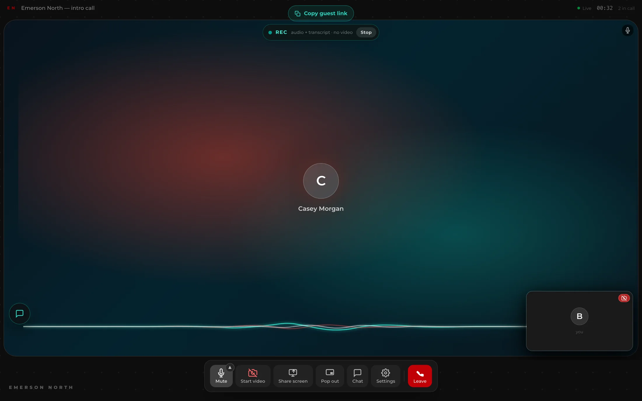 A live Emerson North call with two people connected, a recording indicator, a speaking waveform and the call controls.