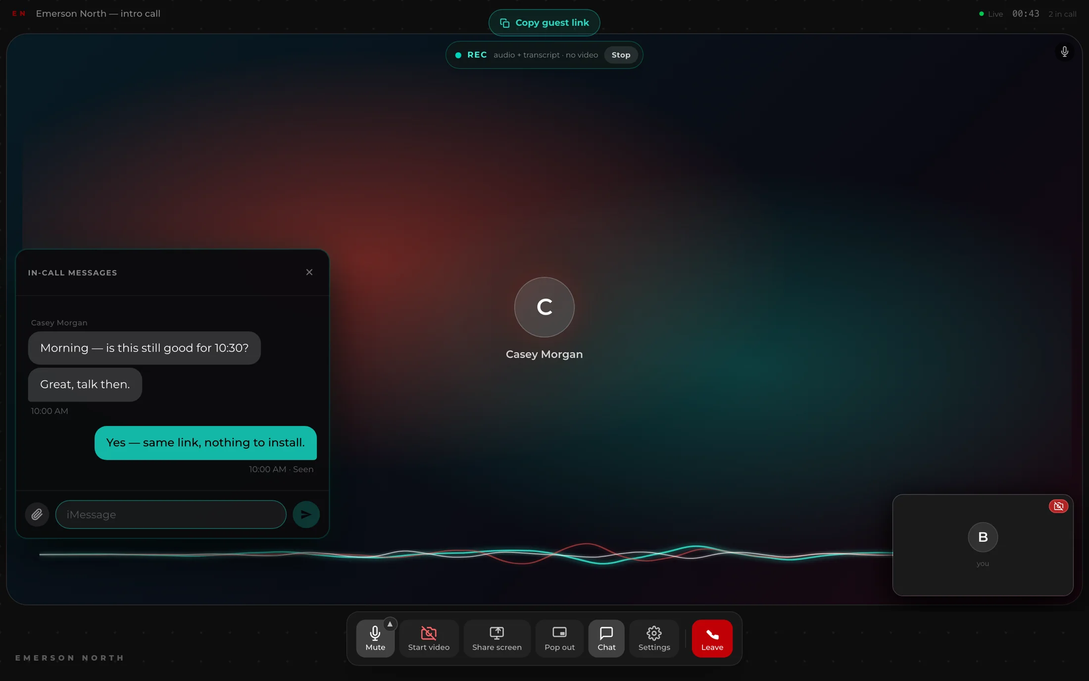 The in-call messages panel open beside a live Emerson North call, showing a short exchange between two people.