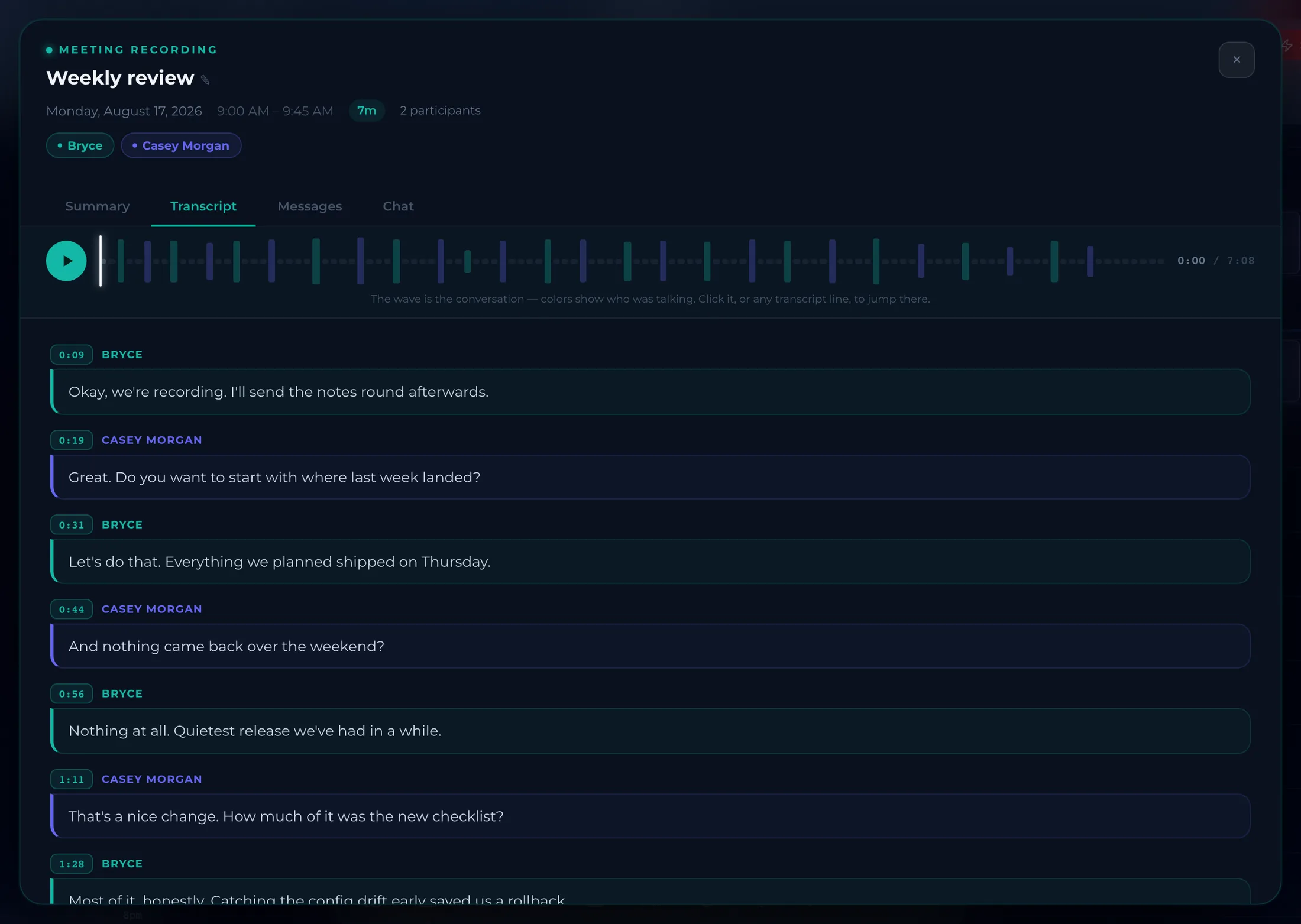The transcript tab of the same recording, showing timestamped lines attributed to each speaker beside the playback bar.