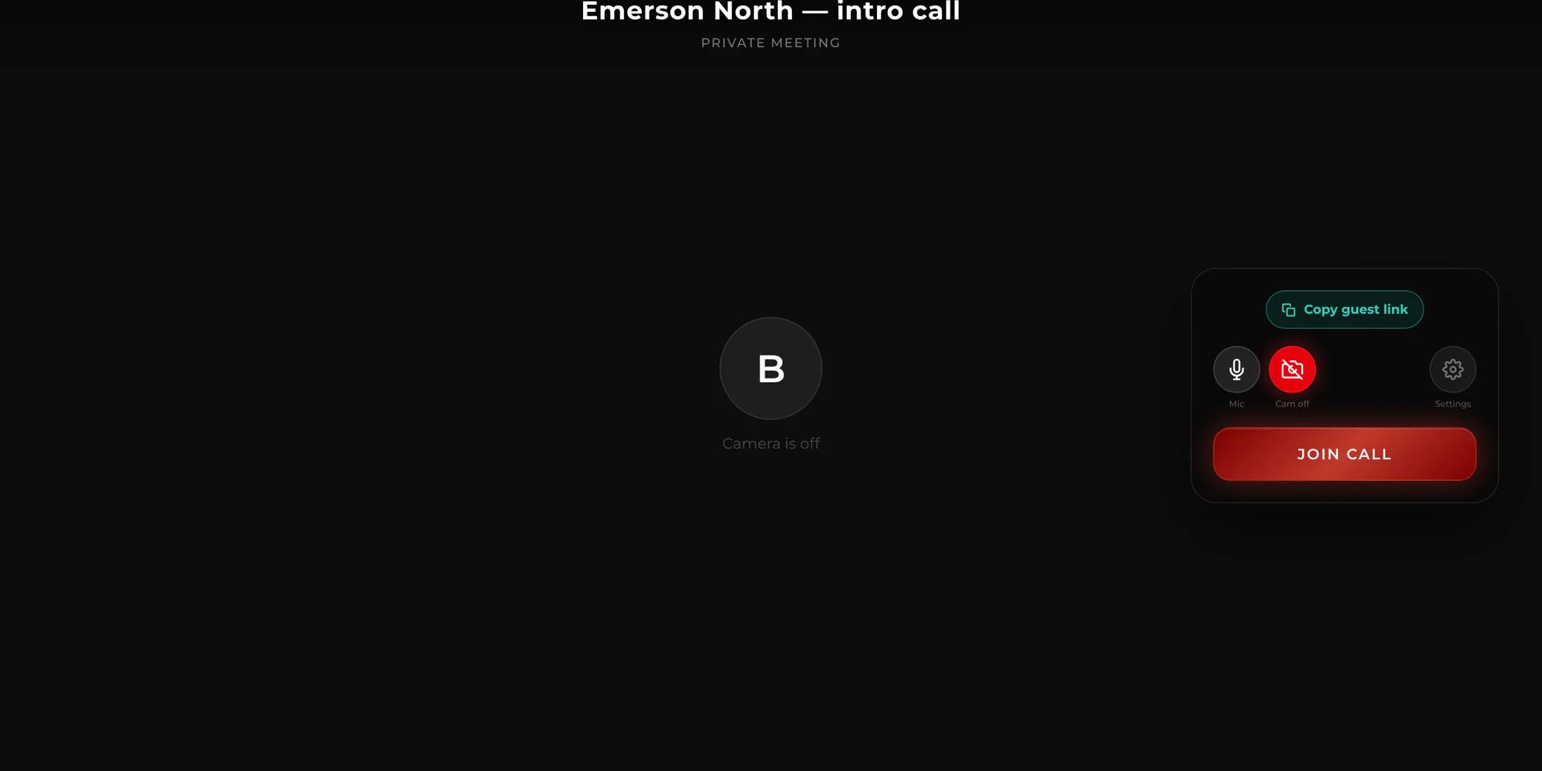 The Emerson North meeting screen before joining, showing microphone, camera and settings controls and a Join call button.